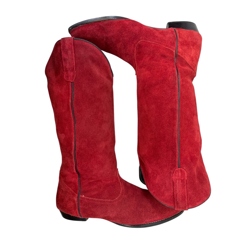 Red Suede Tall Western Cowboy Slouch Boots Women Size 8.5 Low Heel V-Cut Topline - Picture 8 of 10